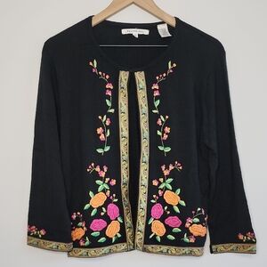 Ballinger Gold Floral Embroidered Black Cardigan Size XL